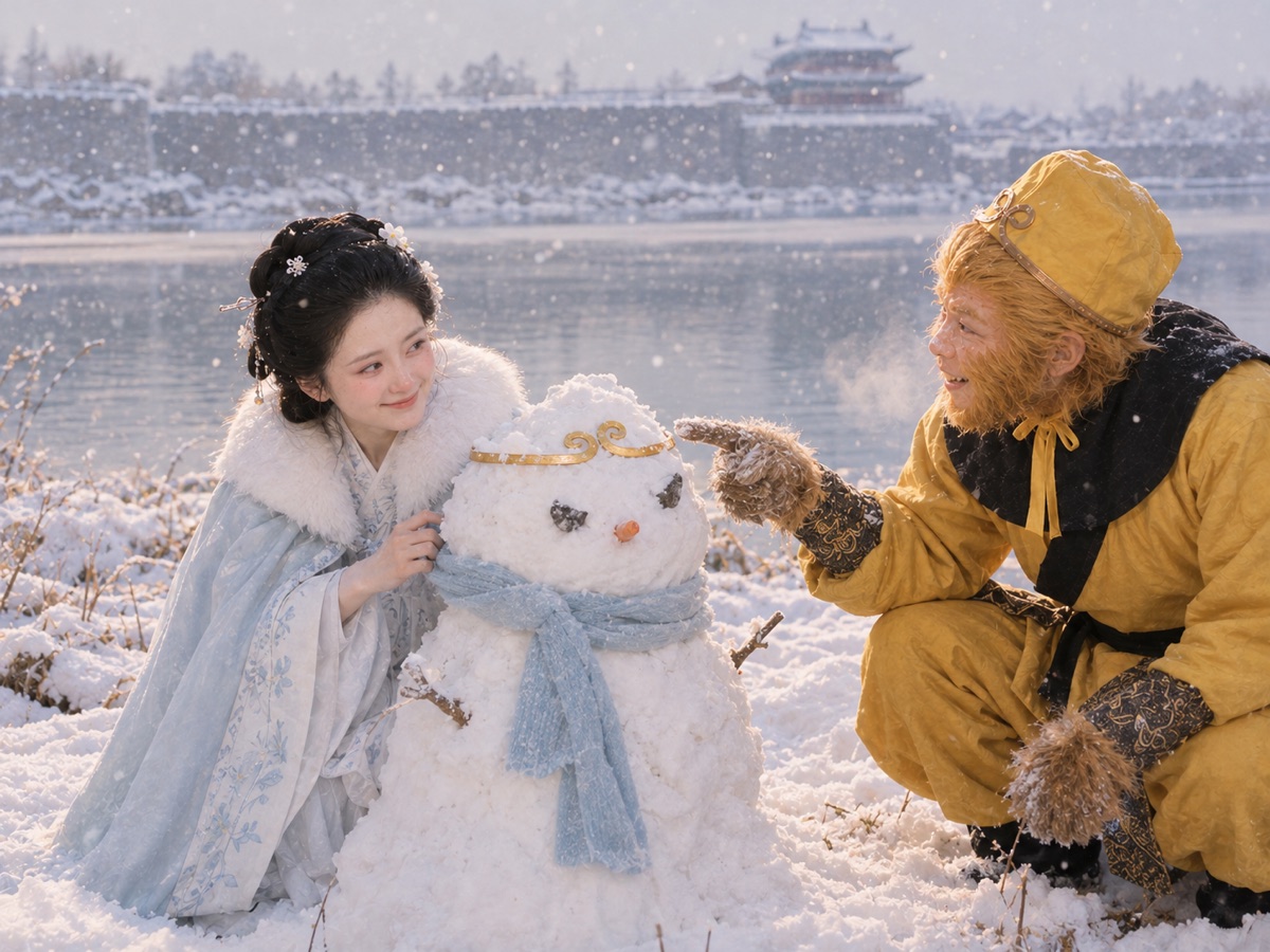 雪地里两人堆了一个戴金箍的雪人